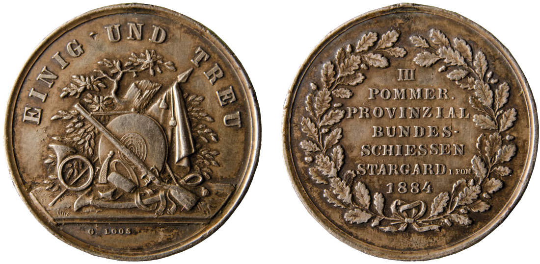 Obverse and reverse of the commemorative medal from the 3rd Pomeranian Shooting Tournament organized in Stargard in 1884.